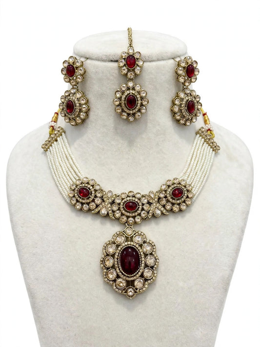 Stone Necklace set with earrings , Colour: Maroon, (Code: X22)