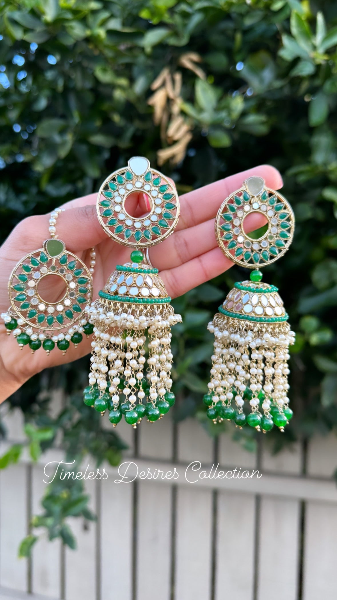 Green Colour Pearl Drop earrings and tikka set in mirror