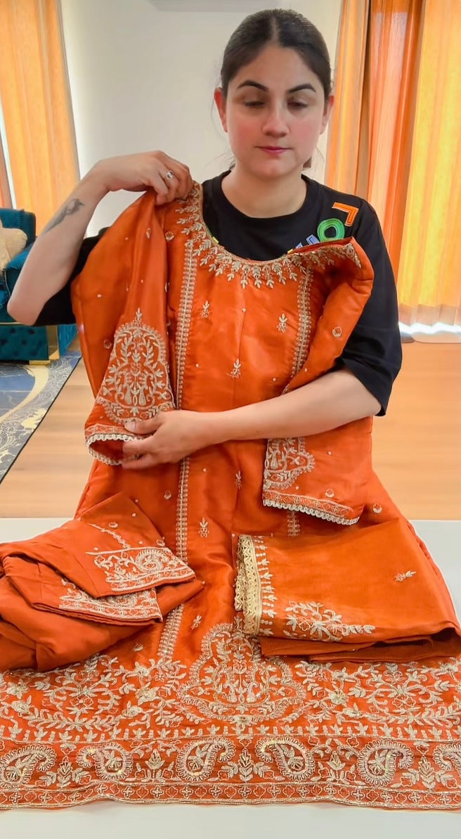 Partywear hand + tilla work suit (Colour: rust), Code: 249