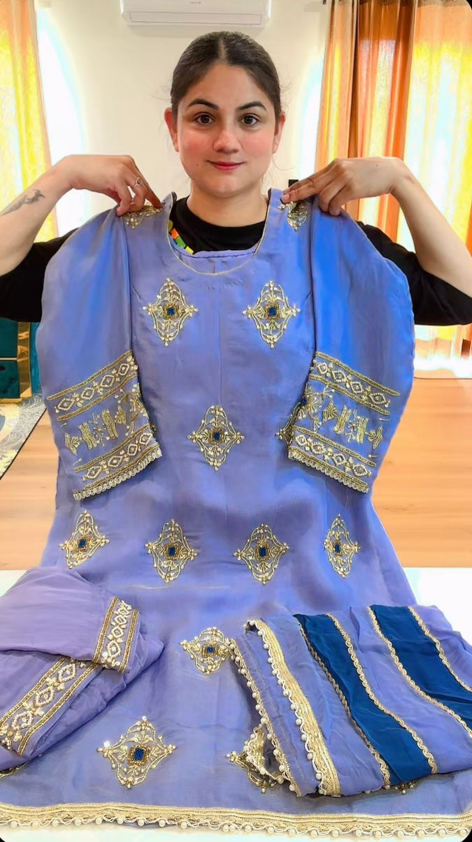 Partywear hand work suit (Colour: powder + dark blue), Code: 230
