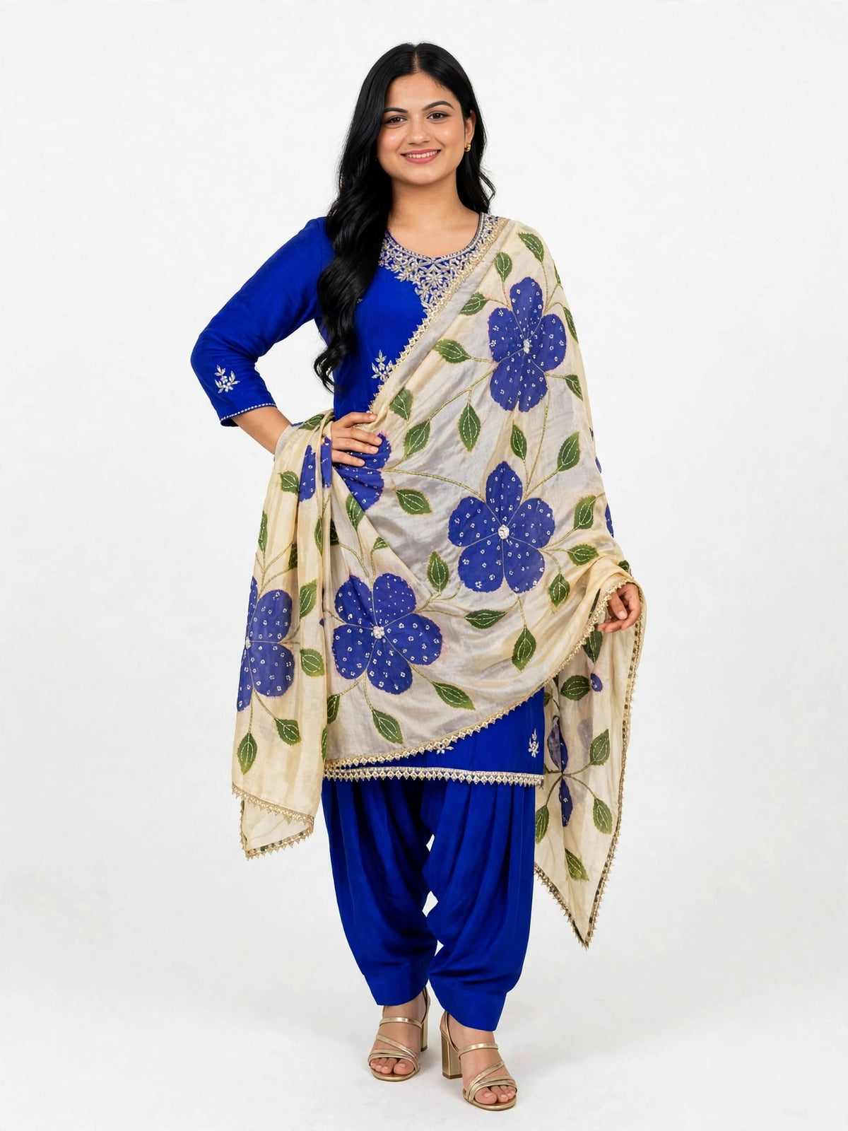 Partywear Royal Blue salwar suit on crape with designer block paint and embroidered Duppata - Code 097