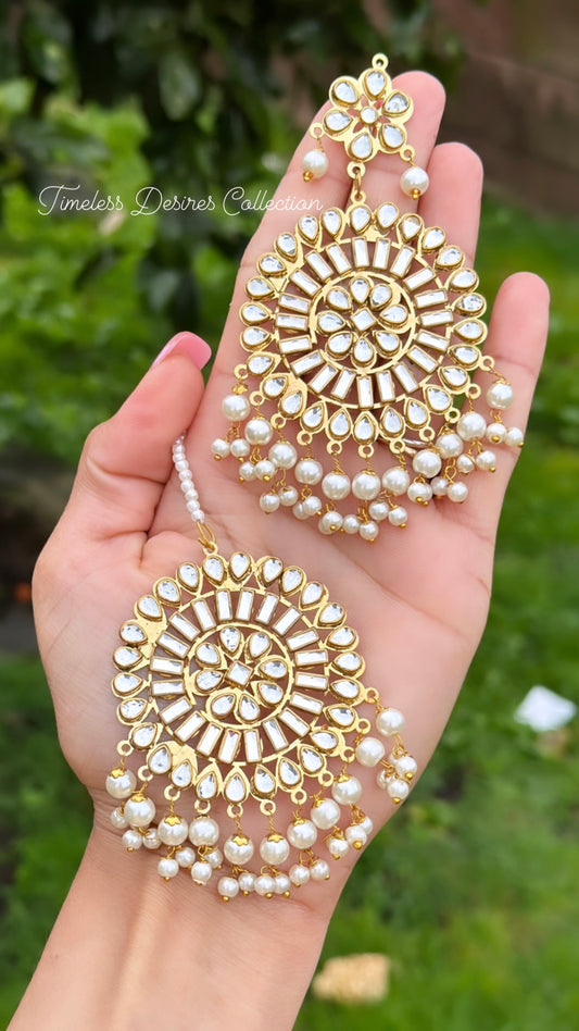 Golden and White earrings and tikka set in Kundan