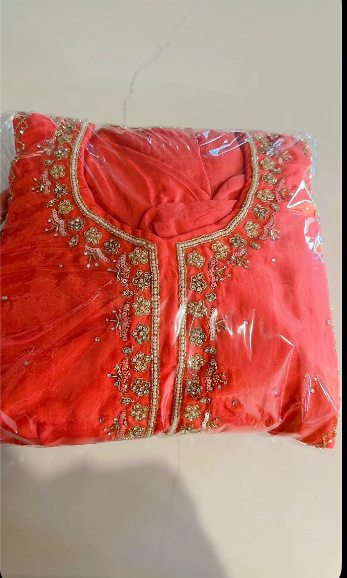 Handwork salwar suit - Colour : Carrot pink  ( Code: 631 )