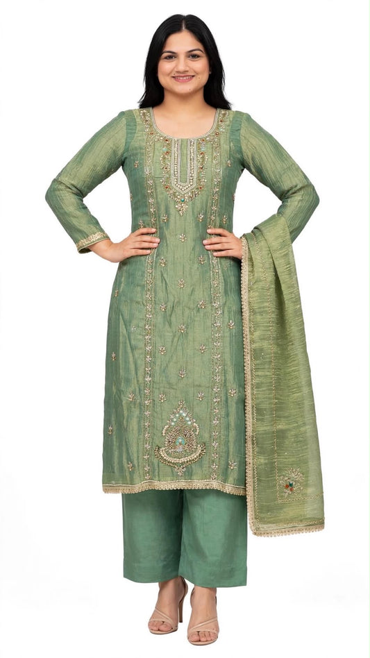 Pant Plazo suit on crush tissue with handwork Duppata  in mint colour - Code: 100