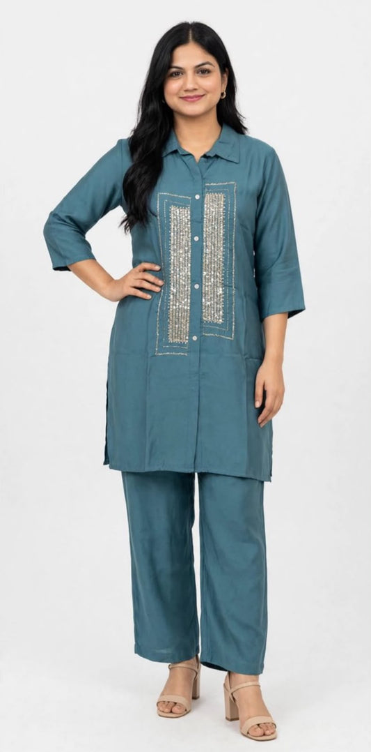 Teal Blue Co-ord set on Rayon, Code: RE1