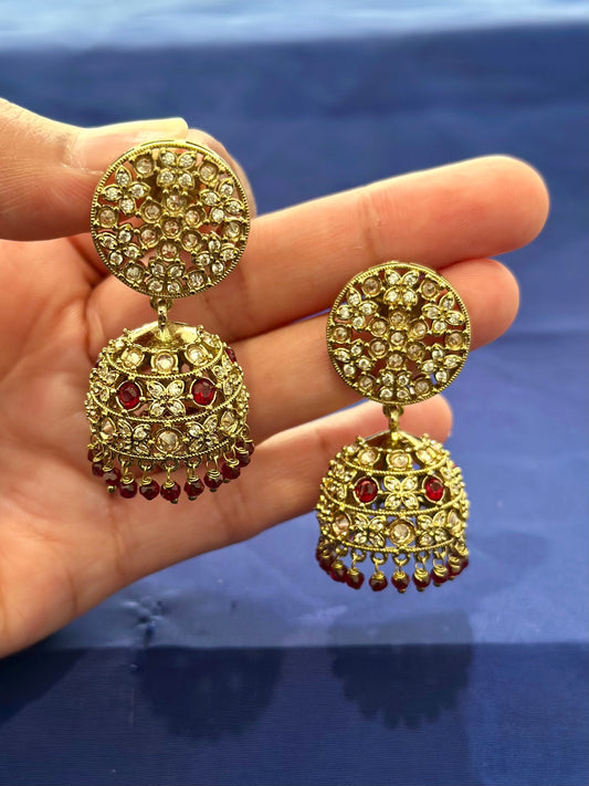 Jhumki Earrings in polki, Colour: Maroon, (Code:092)