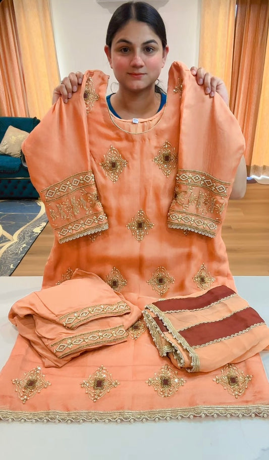 Party wear hand work suit (Colour: peach + maroon), Code: 193