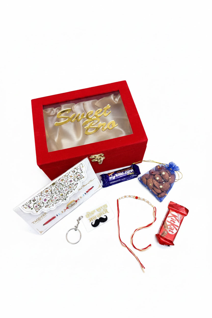 Sweet Bro Hamper Box - Includes Hamper box , Rakhi , Thread Rakhi , Chocolates , Nuts and Key Chain