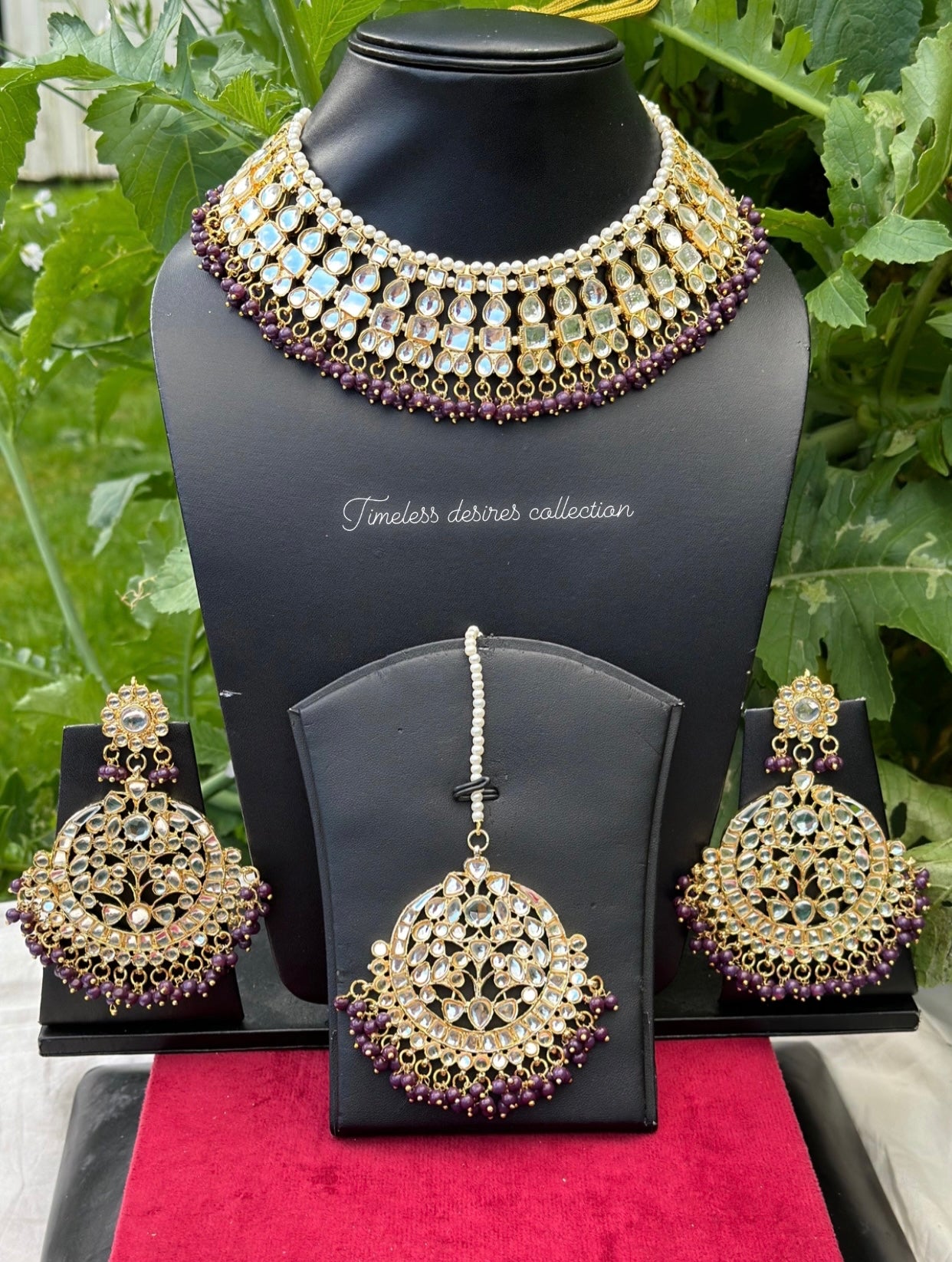 Purple Necklace / choker set in Kundan with oversized earrings and tikka ( high quality )
