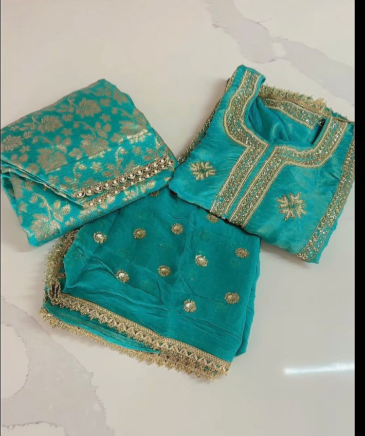 Taking preorders only, 4 weeks timeframe. Sky blue salwar suit on shimmer silk with Banarsi- (Code : 665)