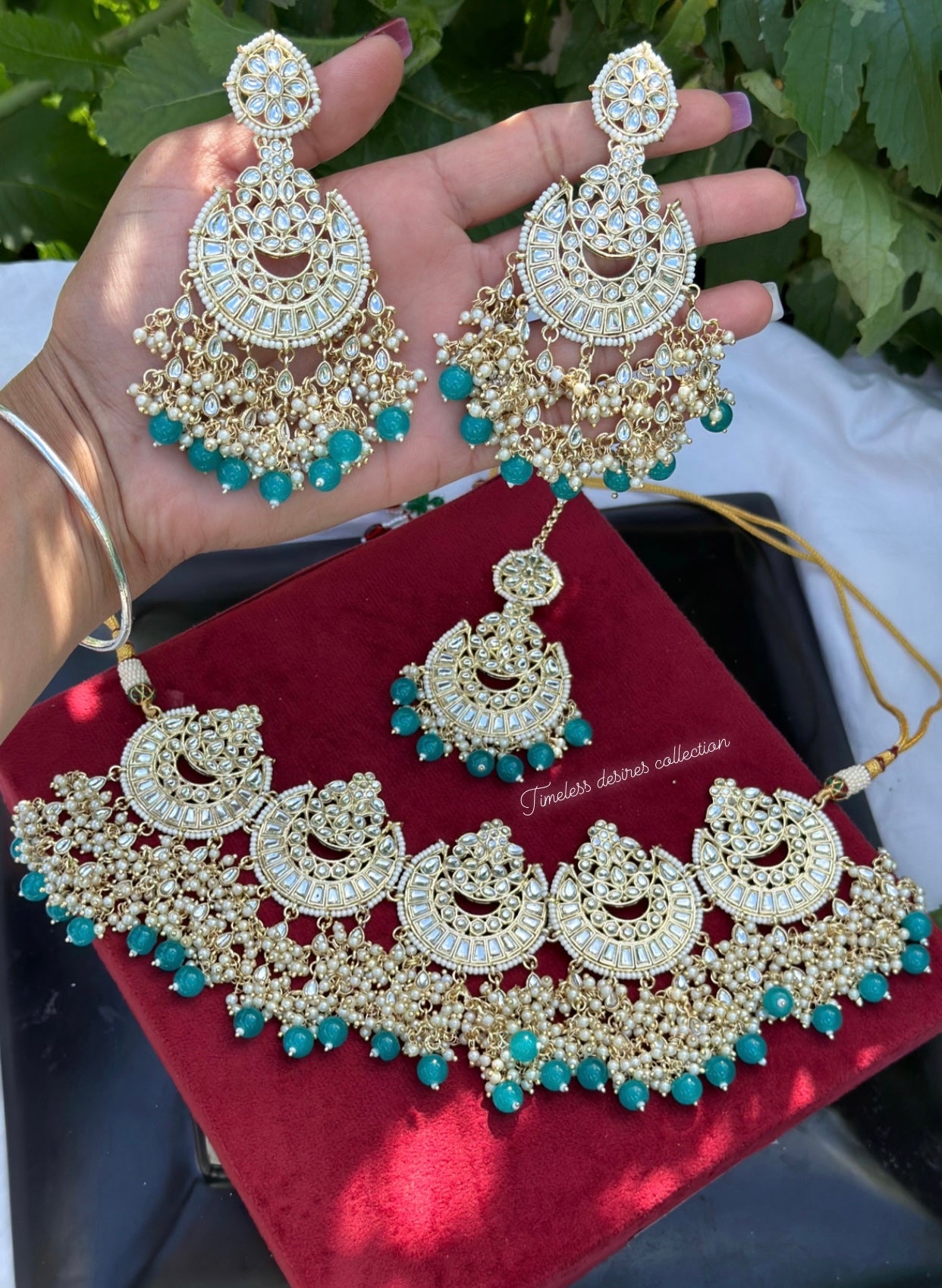 Sky blue or light blue pearl loaded choker / necklace set in Kundan