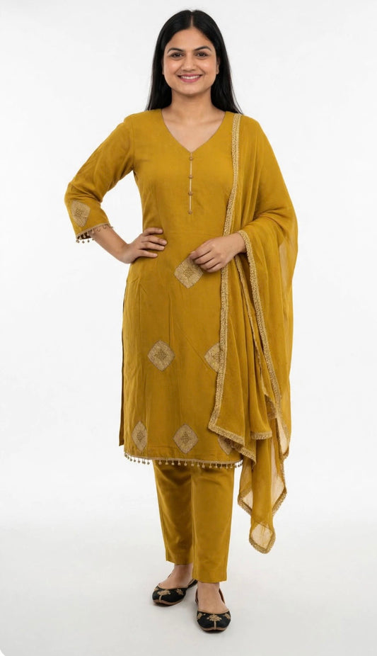 Burberry handwork semi party wear pant suit in mustard colour  - Code 275