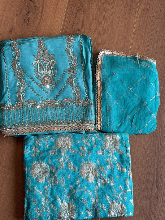 Unstitched handwork Suit - shirt: shimmer silk , bottom : Banarsi , Duppata : chiffon ( colour - firozi )
