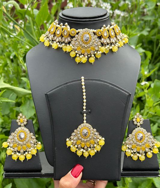 Yellow Choker / Necklace set with pearls & beads in reverse AD ( high quality polki )