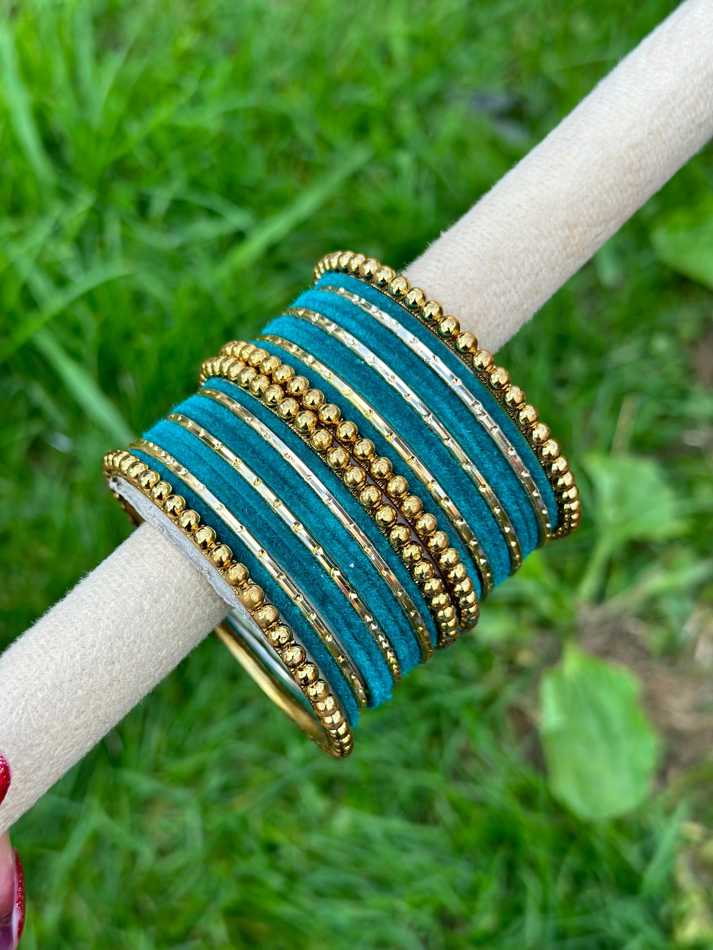 Peacock colour velvet bangles set with golden beaded kangan’s