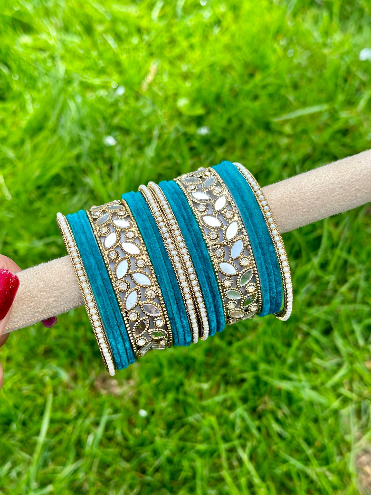 Peacock Bangles set in mirror with pearls ( set of both hands )