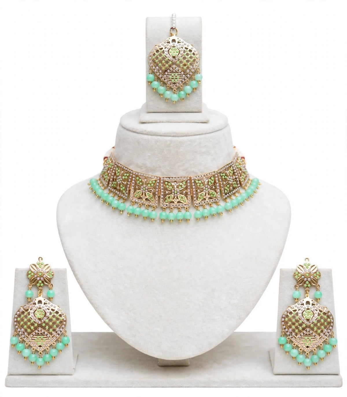 Pista or Mint Green colour Choker or Necklace set in Jadau- Code N3