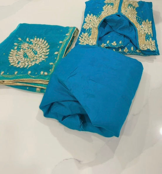 Gota Handwork salwar suit on silk- Colour: Attractive Firozi  ( Code: 642 )