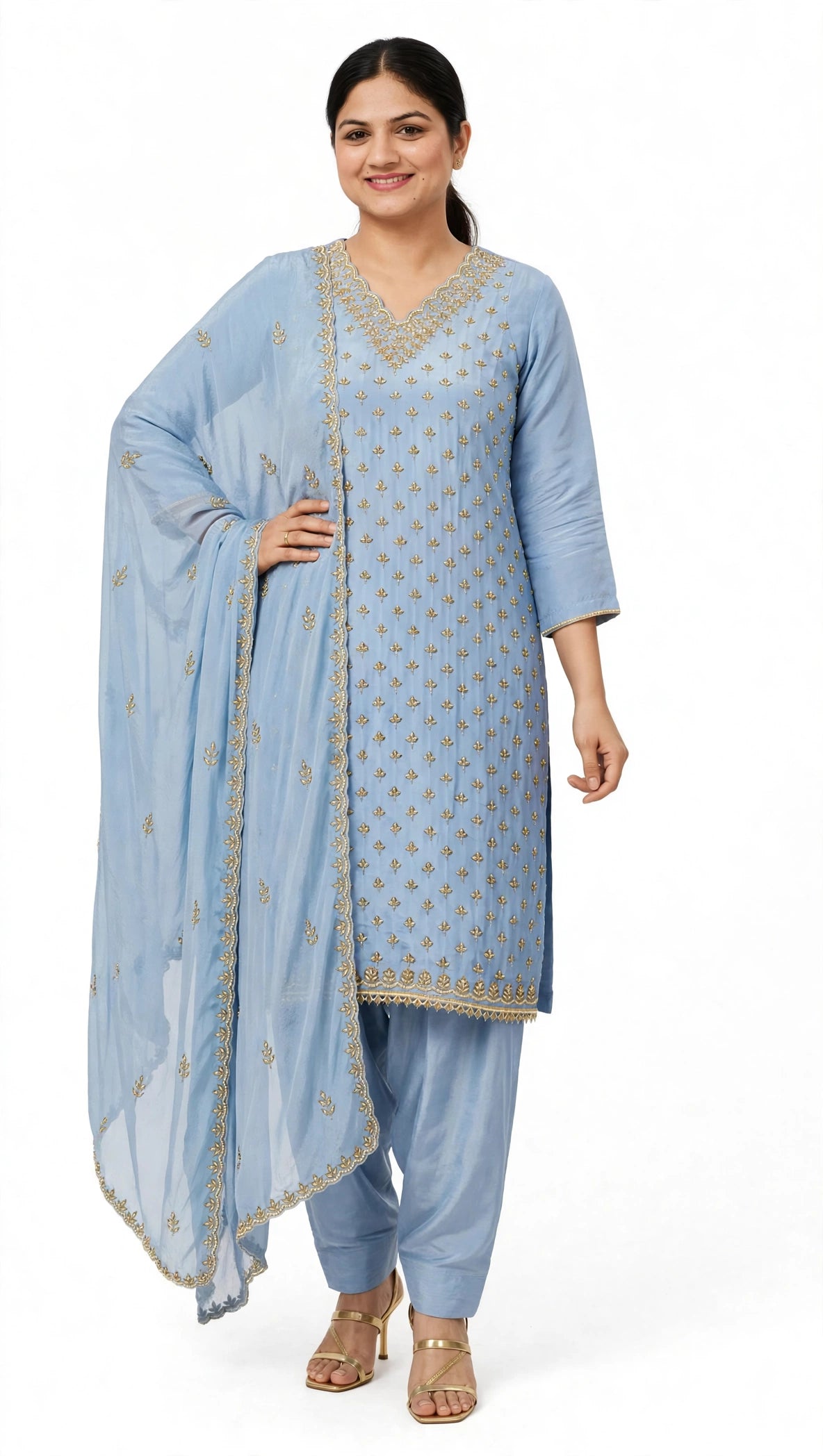 Powder Blue Crape based salwar suit with Chinon Base Duppata - Suit and Duppata has Jarkann Work - Code 093