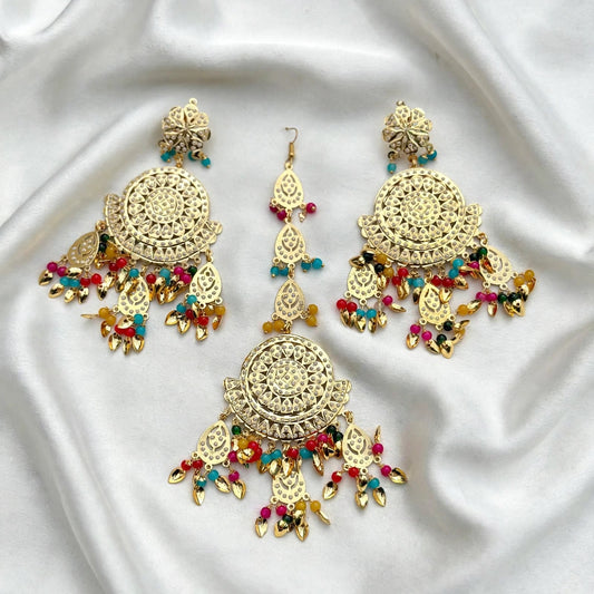 Golden multi colour earrings with tikka