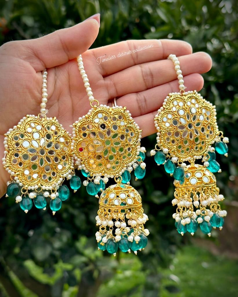 Peacock colour Jhumka earrings and tikka set in mirror