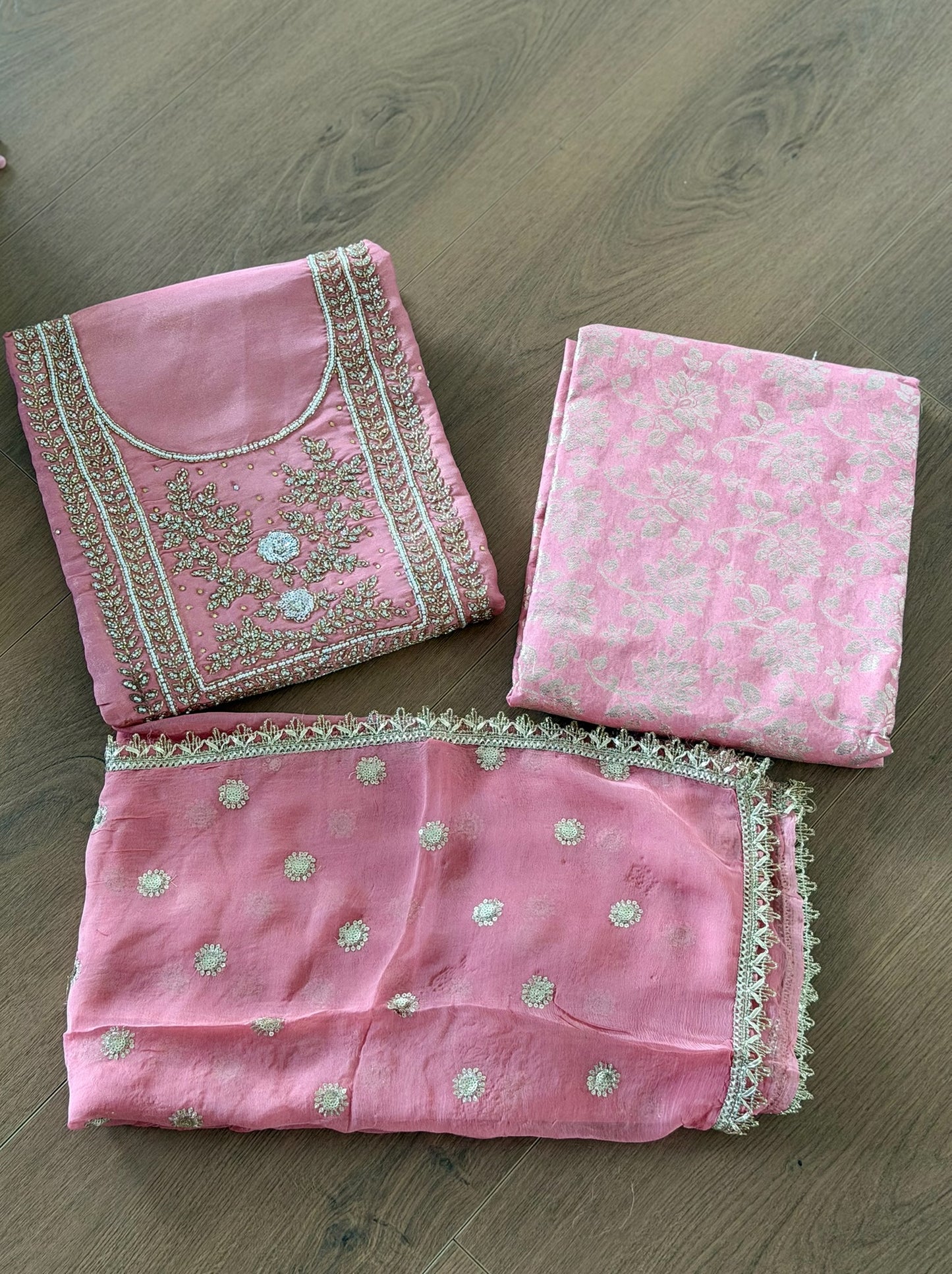 Unstitched handwork Suit - shirt: shimmer silk , bottom : Banarsi , Duppata : chiffon ( Colour- Carrot )