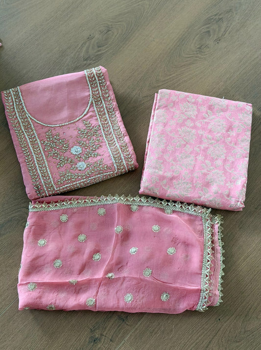 Unstitched handwork Suit - shirt: shimmer silk , bottom : Banarsi , Duppata : chiffon ( Colour- Carrot )