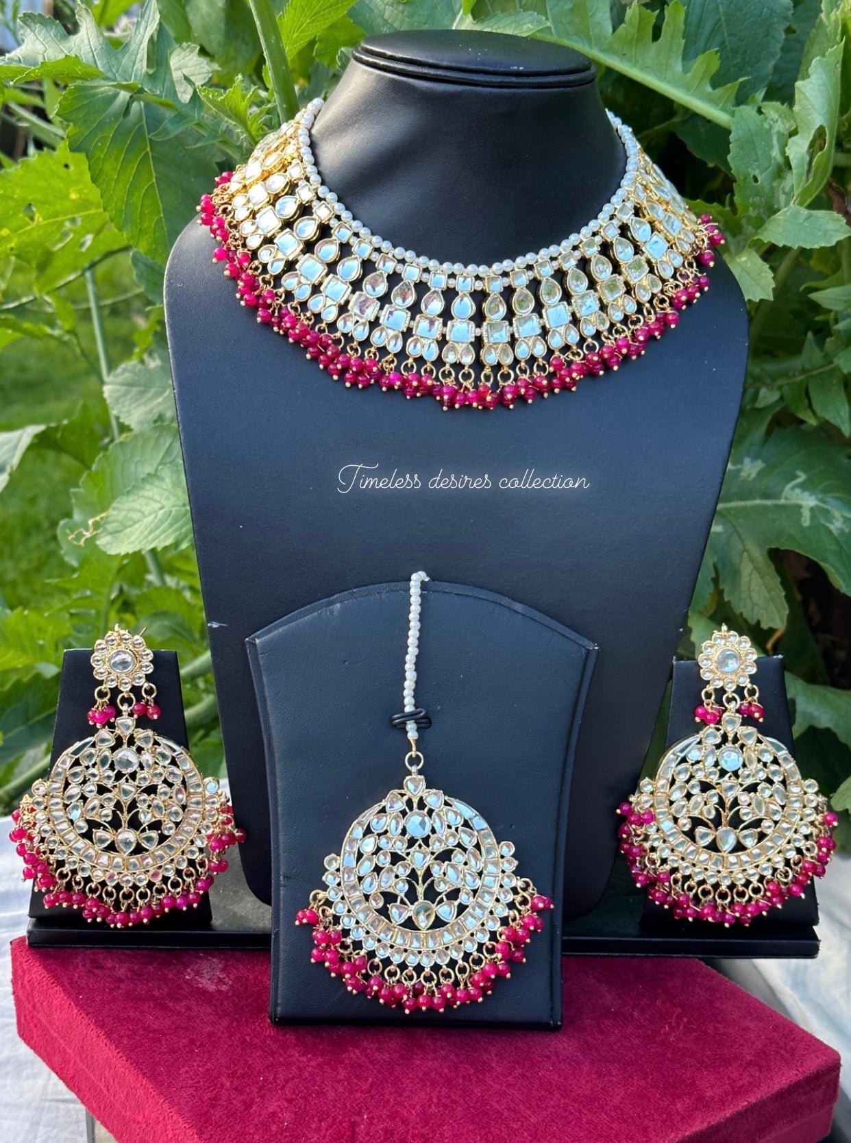 Hot pink Necklace / choker set in Kundan with oversized earrings and tikka ( high quality )