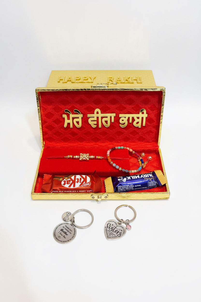 Veera Bhabi Hamper box - Includes customsied hamper box , American diamond rakhdi , Bracelet for bhabi , chocolates , gift items for Bro and Bhabi