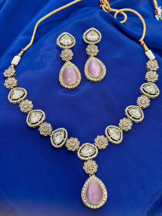 Necklace set with earrings , Colour: Baby pink, (Code: X19)