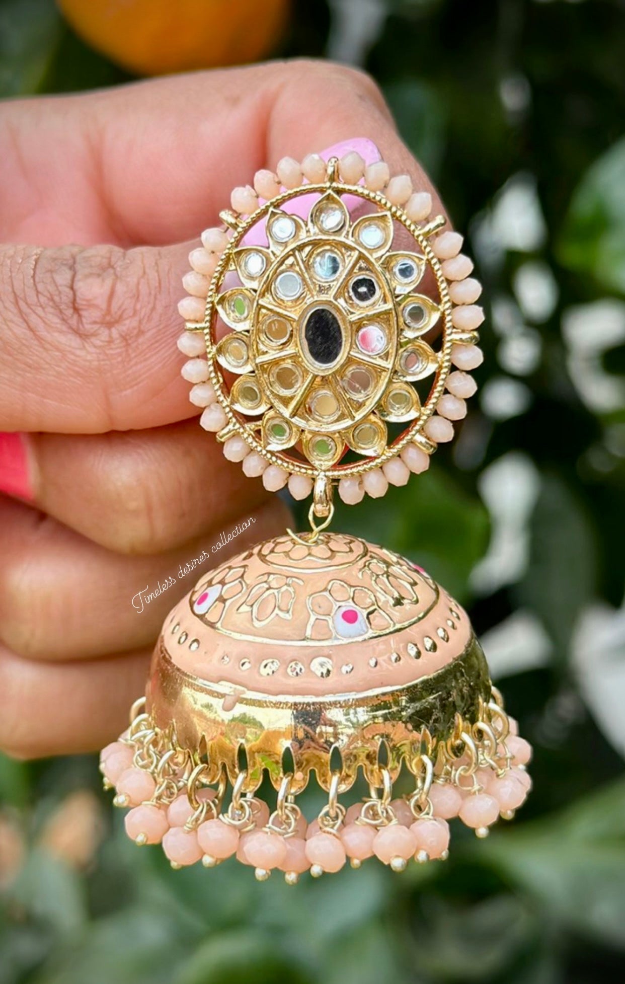 Peach Jhumka earrings in Meenakari with mirror
