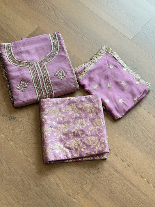 Unstitched handwork Suit - shirt: shimmer silk , bottom : Banarsi , Duppata : chiffon ( Colour- Mauve )