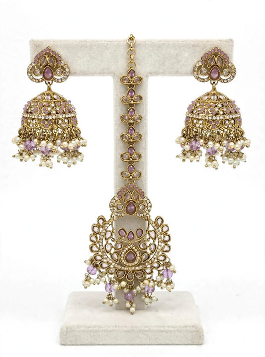 Earrings with tikka in polki, Colour: Purple, Code: 094
