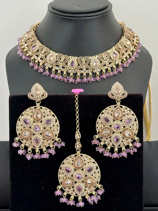 Lavender colour necklace set with earrings and tikka- J25