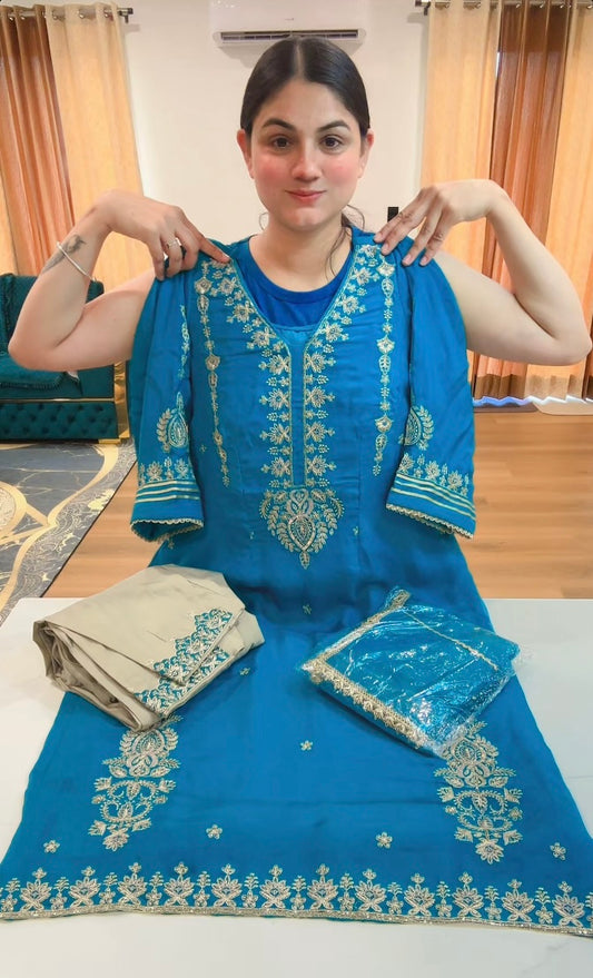 Partywear hand + tilla work suit (Colour: firozi + skin), Code: 204