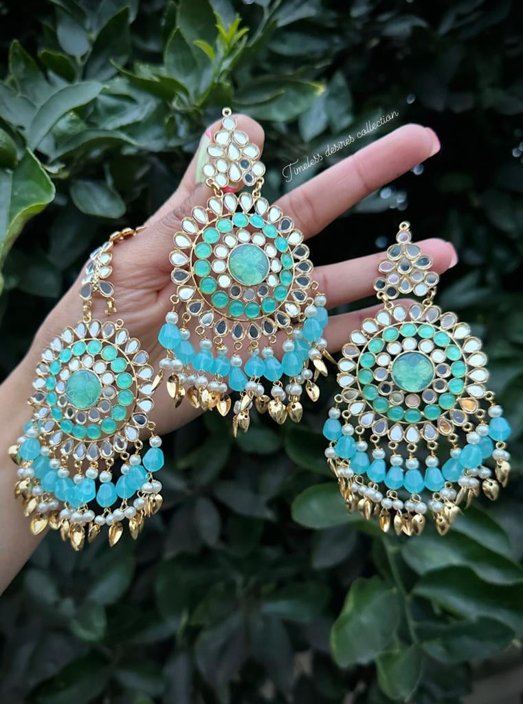 Sky blue earrings and tikka set in mirror with pipal patti
