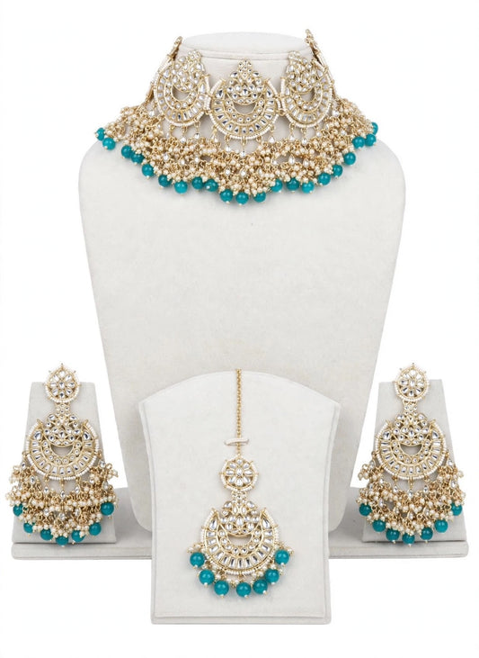Sky blue or light blue pearl loaded choker / necklace set in Kundan- n 54