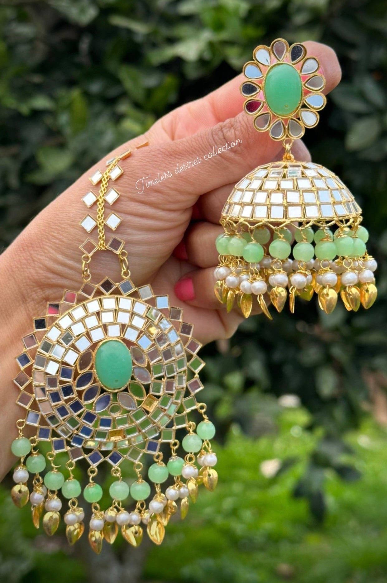 Mint green Jhumka earrings with oversized tikka in mirror with pipal patti