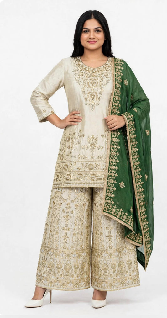 Boutique designer Heavy party wear Sharara / Lehnga suit in shimmer silk with heavy duppta - Colour : Beige + Green ( Code : 370 )