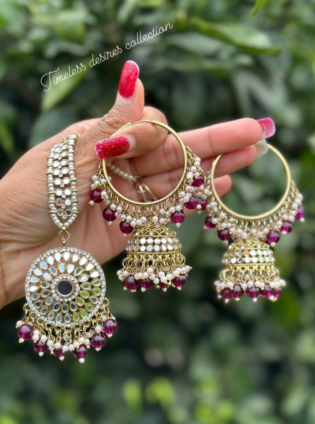Purple Waliya earrings with tikka in mirror