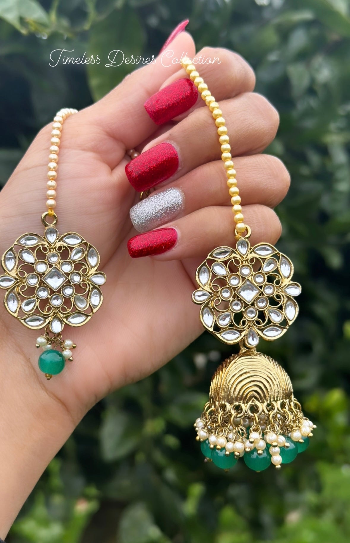 Green Jhumka earrings and tikka set with Sharara in kundan