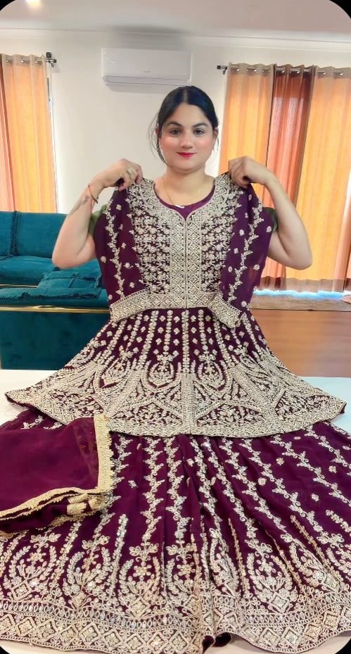 Party Wear Heavy Sharara suit with Peplum top - ( Colour : Wine ) Code: RS108