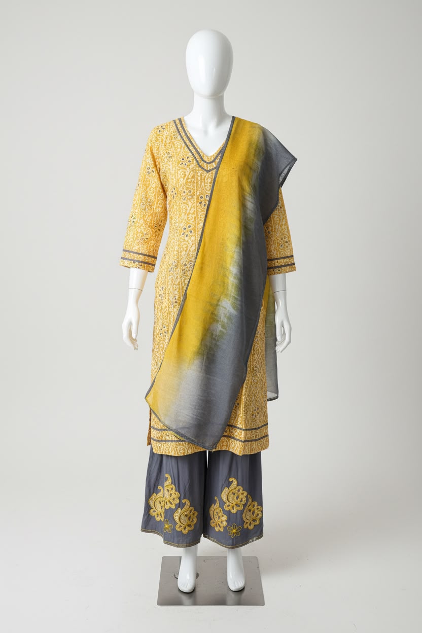 Yellow and Grey embroidered plazo suit in premium Cotton - Code 281