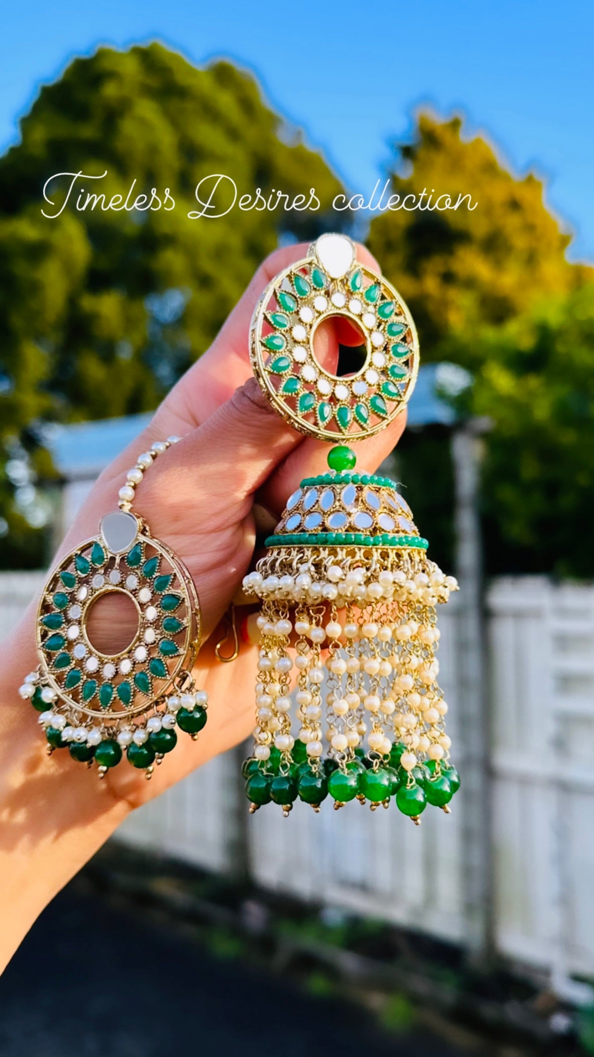 Green Colour Pearl Drop earrings and tikka set in mirror