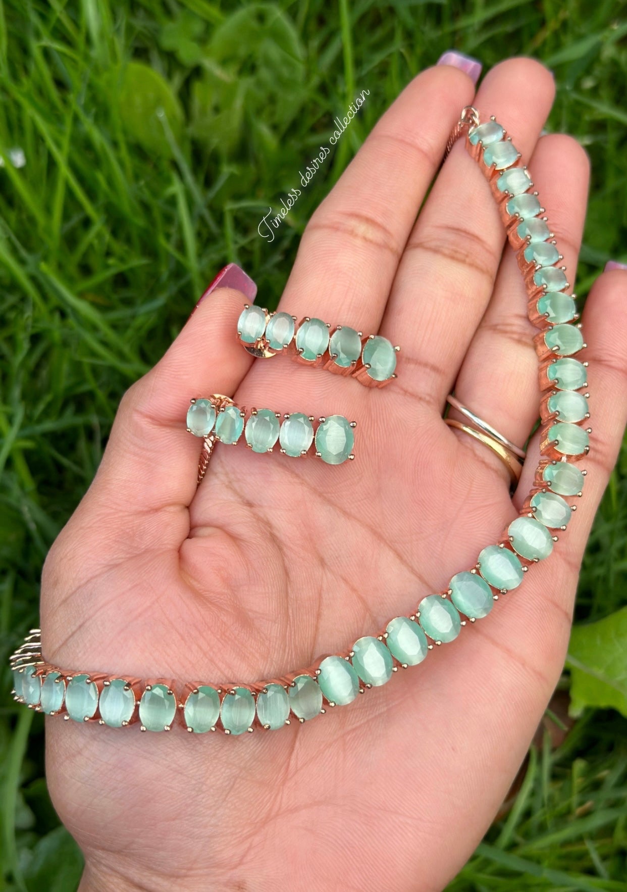 Mint green American diamond necklace set in rose golden