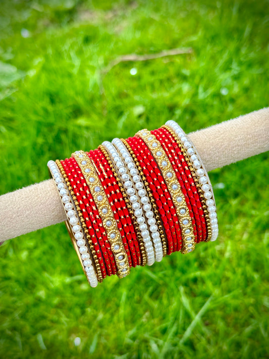 Red Pearl loaded bangles set ( both hands )