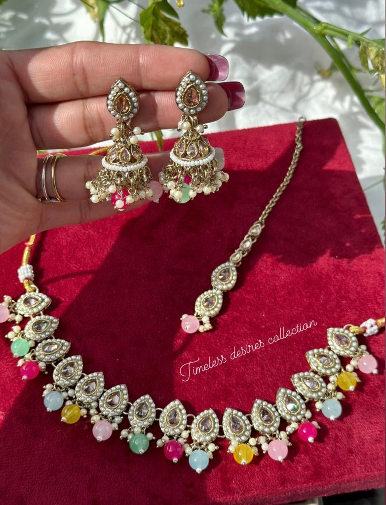 Multi coloured necklace set with earrings and tikka in polki