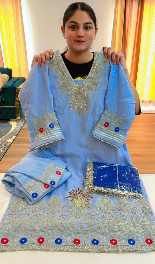 Partywear hand + tilla work suit (Colour: greyish + blue), Code: 233