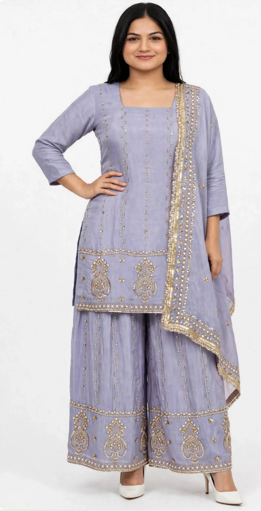 Boutique designer Heavy party wear Handwork Sharara / Lehnga suit in shimmer silk with heavy handwork duppta - Colour : Lavender ( Code : 373 )