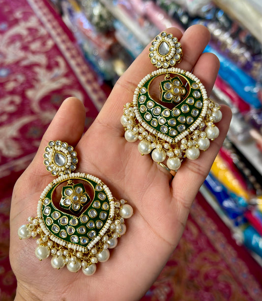 Meena kundan pearl loaded earrings  in golden